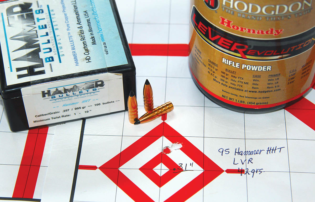 Hammer Bullets’ milled-copper 95-grain HHT and 42 grains of Hodgdon  LEVERevolution powder assembled this impressive .31-inch group – the light bullet sent at a sizzling 3,388 fps.